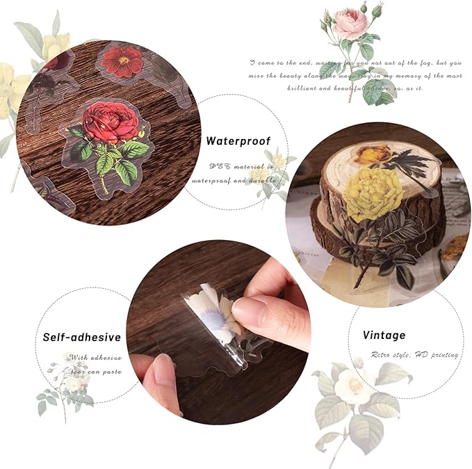 Yoksas 240Pcs Vintage Nature Flower Botanical Stickers - Waterproof Aesthetic Roses Floral Scrapbook Craft Decorative Stickers for Junk Journals, Planners, Collage Album