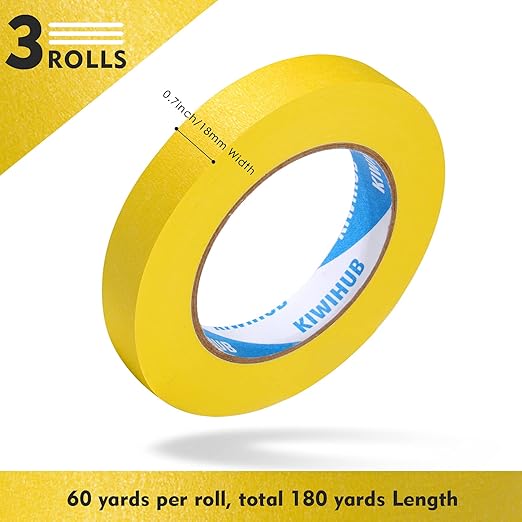 Yellow Painter's Tape,0.7" x 60 Yards x 3 Rolls (180 Yards Total) - Medium Adhesive Masking Tape for Painting,Labeling,Automotive Refinish