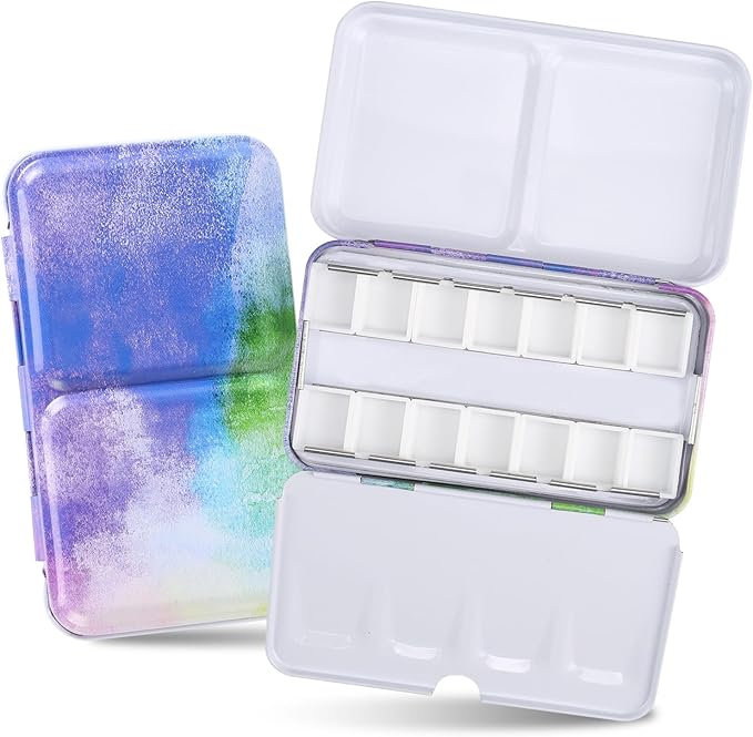 Empty Watercolor Palette Tin - Metal Watercolor Palette Empty with 14PCS Empty Half Pans - Watercolor Tin Suitable for Watercolor, Acrylic, Gouache, Oil Painting