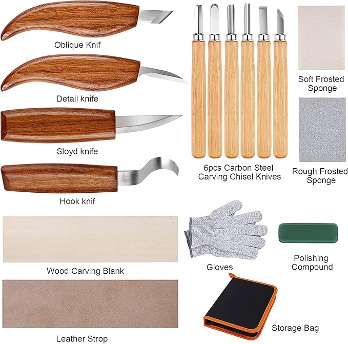 26-in-1 Wood Carving Kit with Detail Wood Carving Knife, Whittling Knife, Wood Chisel Knife, Gloves, Carving Knife Sharpener for Spoon, Bowl, Kuksa Cup (26PCS)