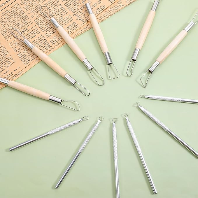 12PCS Double-Sided Clay Sculpting Tools, Wooden Handle Clay Carving Tools Clays Wire Loop Sculpture Set Clays Pottery Sculpting Tool Set for Ceramic, Carving Modeling