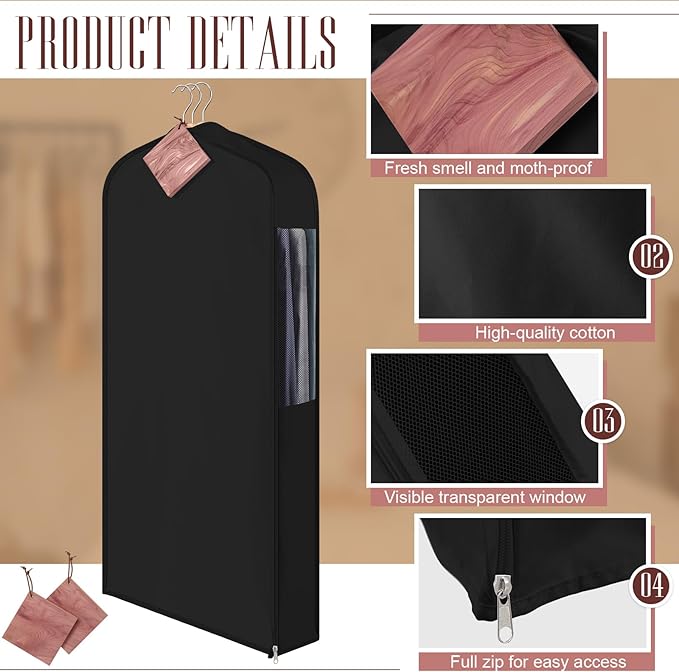 40in Short Cotton Garment Bag for Hanging and Storage Clothes with 4 Cedar Blocks for Fresh Smell, Breathable Hanging Bags for Closet Storage Fur Coat Suit Sweater Jacket, 6in Wide, Black