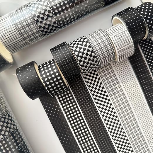 YUBX Black Grid Washi Tape Set 8 Rolls Plaid Decorative Masking Tapes for Arts, DIY Crafts, Journals, Planners, Scrapbook, Wrapping