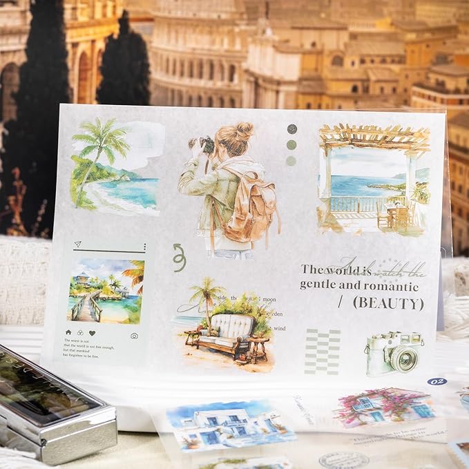Travel-Themed Vintage Ephemera Sticker Book Set, 60 Pre-Cut PET & Washi Pages for Scrapbooking, Journaling, DIY Projects, and Art Supplies