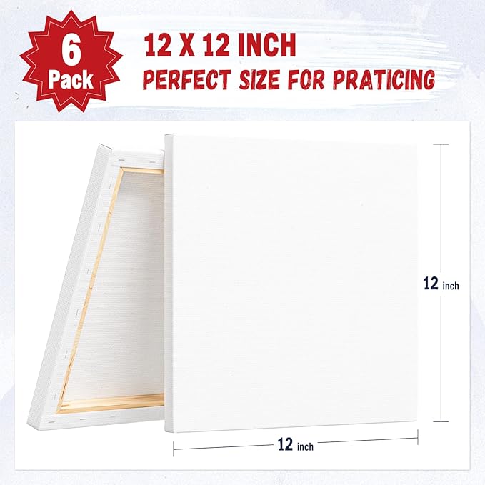 Stretched Canvas for Oil/Acrylic Painting 12x12 Inch (6 Pack) - 100% Cotton Triple Primed White Artist Canvas Boards, Blank for Acrylic, Oil, Watercolor - Professional Art Supplies