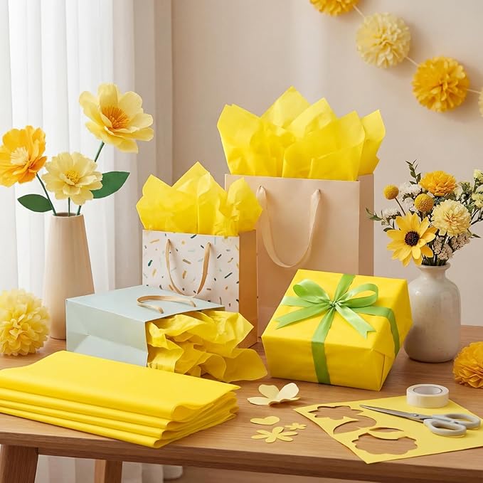 Qilery 500 Sheets Yellow Tissue Paper Bulk for Gift Bags 15 x 20 Inch Acid Free Packaging Wrapping Paper Sheets for Mardi Gras Easter Party Decoration DIY Craft, Bouquet, Pastry, Wedding