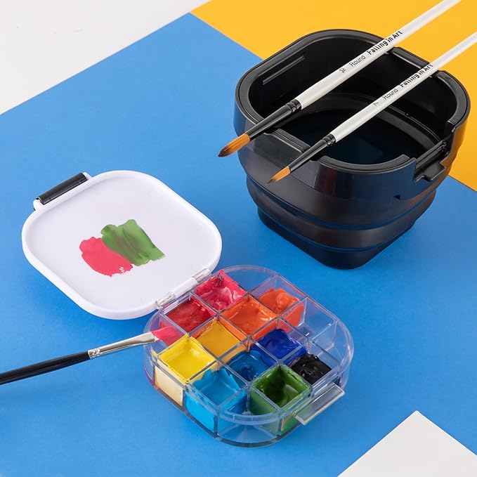 Falling in Art Paint Palette, Airtight 16 Wells Storage Palette Box with Lid and Folding Paint Brush Basin for Watercolor, Gouache and Acrylic Painting (Black)