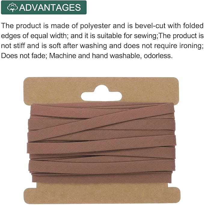 MECCANIXITY 1/4 Inch Double Fold Bias Tape Continuous Bulk Cotton Bias Tape for Sewing Seaming Quilting Hemming Binding Crafts (Coffee 12 Yards)