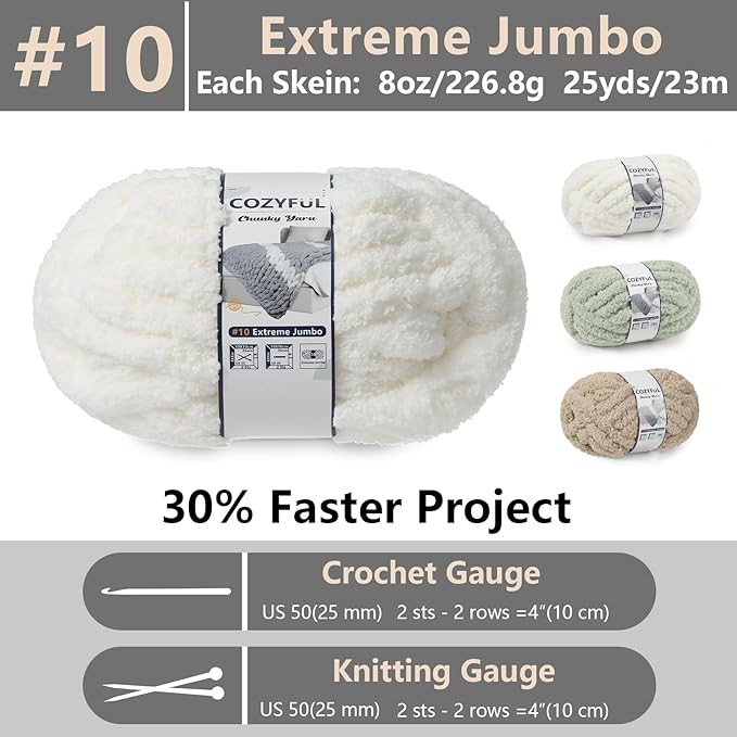 Chunky Yarn for Hand Knitting - #10 Chunky Chenille Yarn, Jumbo Big Thick Chunky Yarns for Crocheting, Super Bulky Chunky Knit Blanket Yarns, 8 Skein (25yd, 8oz/Skein), Cream & Sage & Khaki