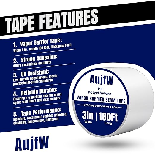 Vapor Barrier Tape, 3" Wide x 180' Long, 6 Roll, Polyethylene Tape, for Moisture Barriers and Crawl Spaces, Waterproof Seal and Seam Tape for Underlayment, Insulation and Plastic Liners