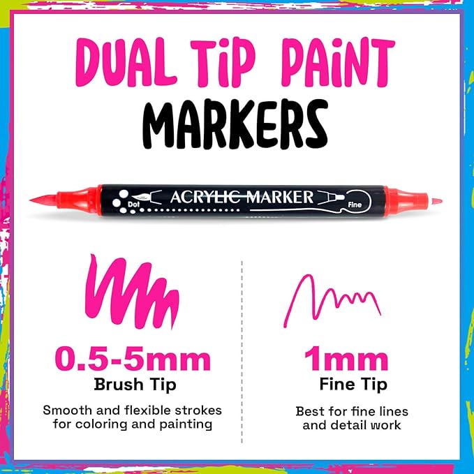 24 Colors Dual Tip Acrylic Paint Markers,Fine Tip and Brush Tip Permanent Acrylic Paint Pens For Rock Painting, Canvas, Wood, Glass, Ceramic, Fabric, Plastic, Egg, Scrapbook,Art Painting Supplies Kit