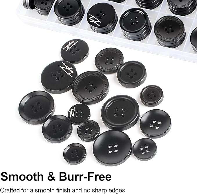 110Pcs Black Mixed Sewing Buttons, 4-Hole Craft Round Blazer Buttons, 5 Color 3 Size (15mm, 20mm, 25mm) Suit Coats Resin Button, Suitable for Variety Clothing Sewing, DIY Craft (Black)