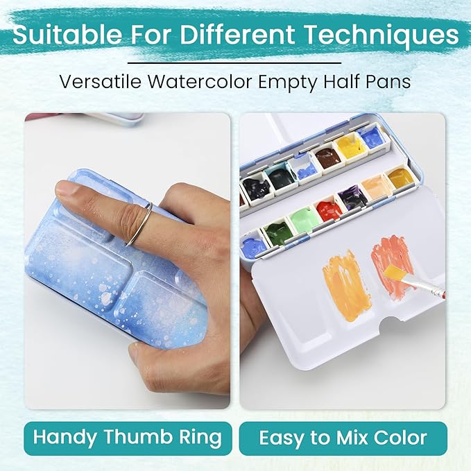 Empty Watercolor Palette Tin - Sturdy Watercolor Tin with Paint Tray and 14PCS Empty Watercolor Half Pans - Customizable Portable Metal Watercolor Tin