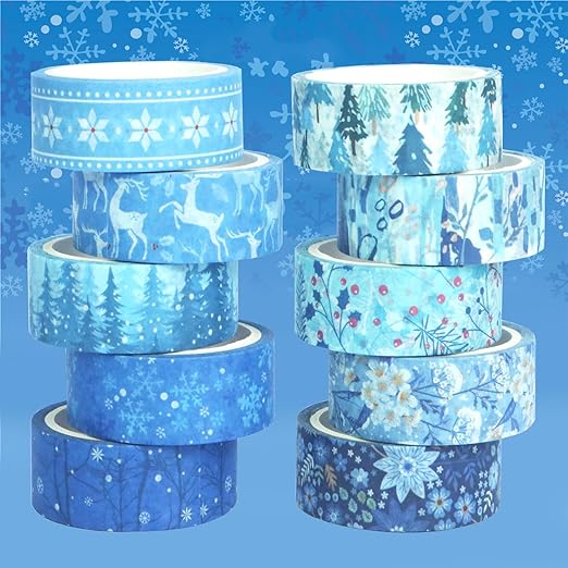 Winter Washi Tape Set 10 Rolls - Blue White Snowflake Flower Deer Tree Decorative Tape for Bullet Journal, Planner, DIY Arts Crafts, Scrapbooking Party Favors ﻿ (Winter)