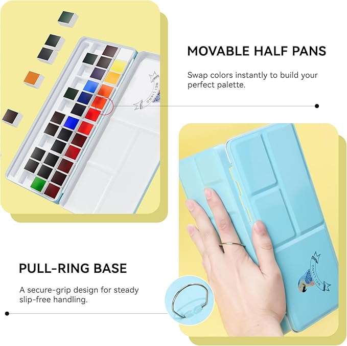 36 Color Solid Watercolor Paint Set with Metal Case & Brush, Highly Pigmented Watercolor for Beginners, Students & Outdoor Painting