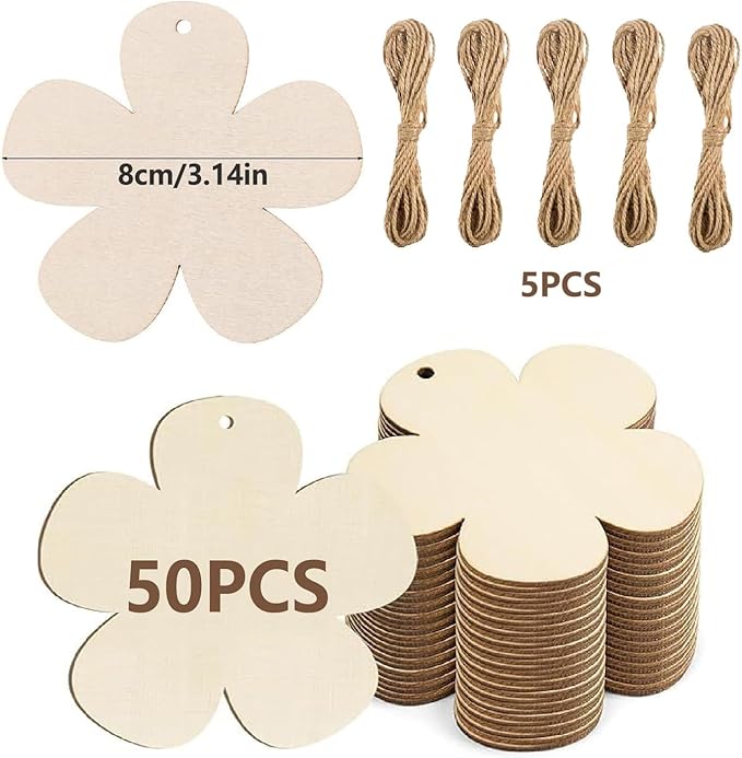 50 Pcs Wooden Ornaments, BetterJonny 3.15 * 2.56in Unfinished Natural Wood Slices with Holes Blank Wood Discs with 50pcs Jute Rope for DIY Christmas Decoration