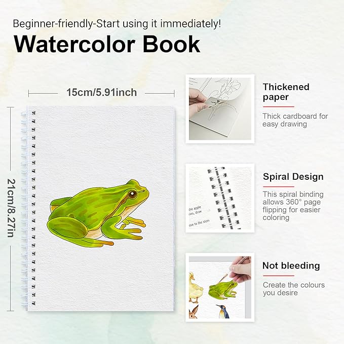 Watercolor Workbook for Beginners with Step-by-Step - 12 Watercolor Coloring Pages - 100% Cotton 300gsm/140lb Watercolor Paper - Gift for Women,Adults,Teens (Animals)