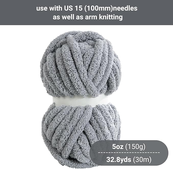 HOMBYS Chunky Chenille Yarn for Hand Knitting - 4 Cream + 4 Light Grey, Fluffy Soft Jumbo for Crocheting, Super Bulky Big for Chunky Blanket, Large Thick Arm Knitting, 8 Pack Plush