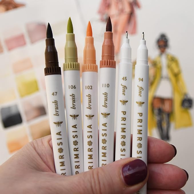 Primrosia Dual Tip Marker Pens and Skin Tones sets, Fineliner and Watercolor Brush Pens for Art Sketching Illustration Calligraphy Permanent Highlighter Bullet Journal Drawing Coloring