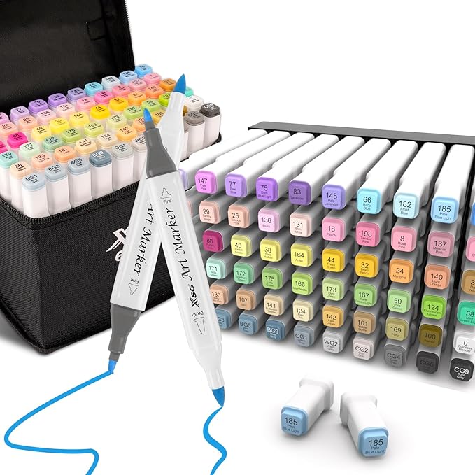 XSG Alcohol Markers,60 Colors Dual Tip Brush & Fine Tip Art Marker Set,for Blending & Shading,Ideal for Coloring Books & Professional Artwork,Includes Blender Pen & Portable Case