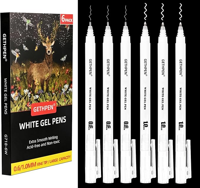 White Gel Pens,0.6/1.0mm Fine Point Gel Ink Pens,Opaque White Ink Pens for Black Paper Drawing, Sketching, Illustration, Card Making, Bullet Journaling,Pack of 6