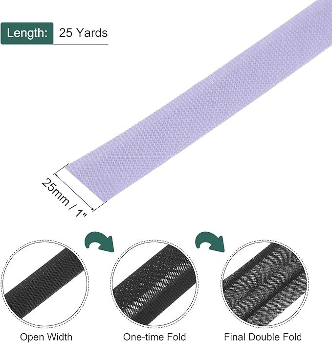MECCANIXITY 1 Inch Double Fold Bias Tape Polyester Continuous Bulk Bias Tape for Sewing,Seaming Quilting Hemming Binding Crafts (Light Purple 25 Yards)