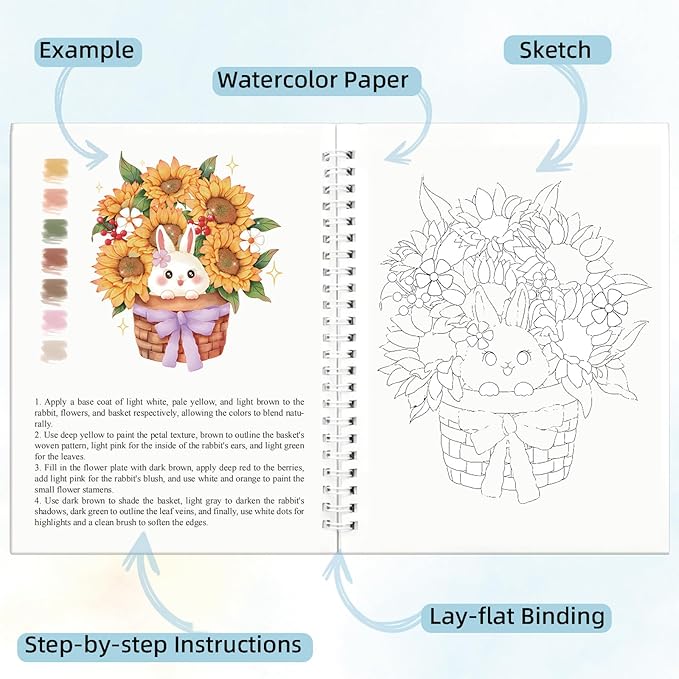 Watercolor Workbook, 15 Different Patterns of Original DIY Paintings for Water Color Book, 8.7 * 6.7inch, Water Coloring Book for Beginners Adults (Without Palette, Bouquets)