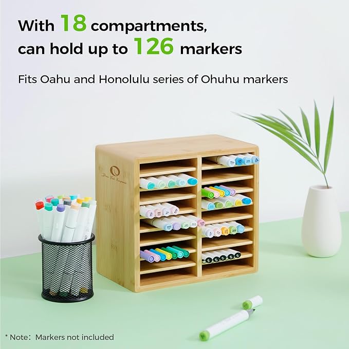 Ohuhu Bamboo Marker Organizer, Wooden Desktop Storage Hold 126 Markers, Pens, Pencils, Art Brushes Stationary Organizer Pencil Holder with 18 Compartments for Home, Classroom, Office Decor