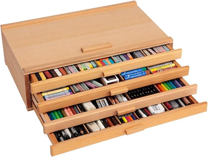 Cezanne Creative Mark Pastel Storage Box, 4-Drawer Wooden Art & Craft Supplies Organizer, Birch Wood, Brown