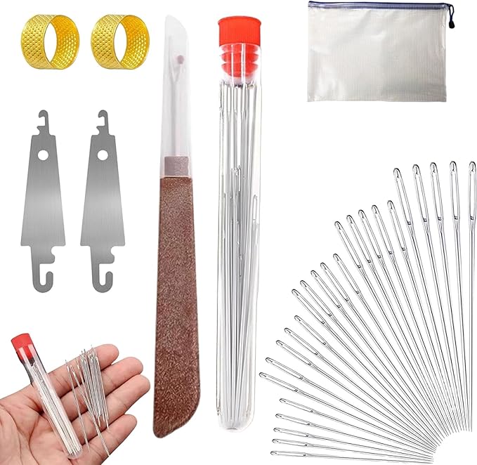 Big Eye Steel Sewing Needles Kit, 34PCS Big Eye Steel Needles Set, Portable Stainless Steel Needles for Hand Sewing, Long & Thin Handmade Quilting & Sewing Kit for DIY Sewing Projects (31 pcs kit)