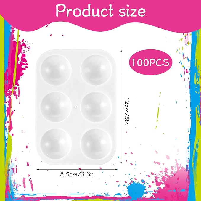 100 Pcs White Plastic Paint Palette 6 Well Rectangular Watercolor Palette Paint Tray for Acrylic, Oil, and Tempera, Ideal for Artists, Students, and DIY Craft Painting