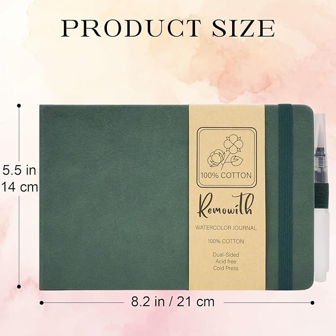 Remowith Leather Cover Watercolor Sketchbook, 9"x5.5" Journal, 300gsm Cold Press Cotton Paper (24 Sheets/48 Pages), Perfect Watercolor Journal for Markers, Pastels, Turquoise