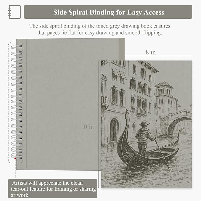 SuFly Toned Gray Sketch Book 8"x10" - 60 Sheets Spiral Bound Sketch Pad, 85lb/130gsm Art Paper for Graphite, Charcoal, Colored Pencils and Gel pens.
