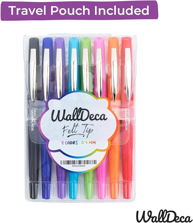 WallDeca Fine Point Felt Tip Pens (0.5mm), Vibrant Multi-Colored Writing Set With Smooth-Flowing Ink, No Bleed Markers for Journals and Note Taking, Everyday Writing and Colorful Doodling (8-Pack)