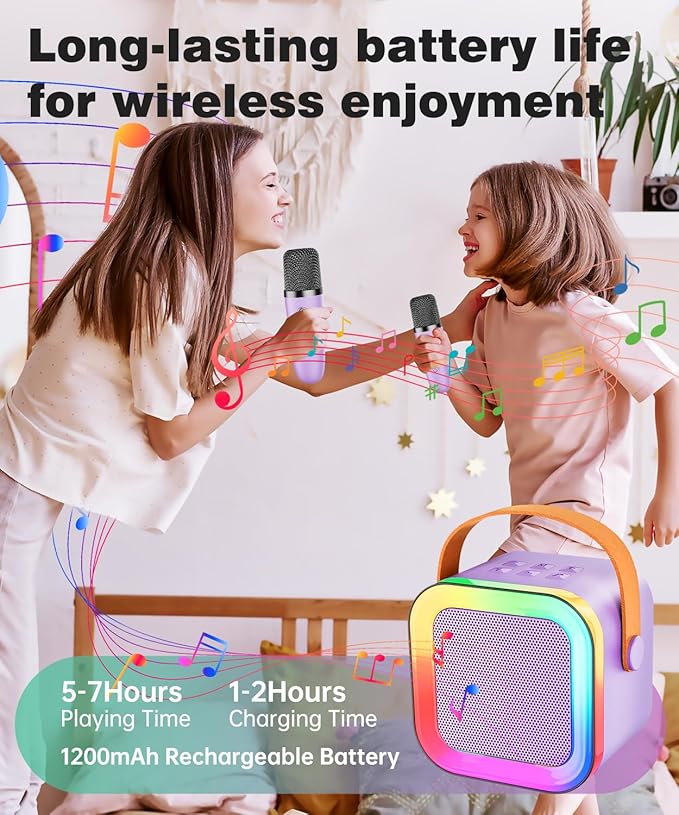 Mini Karaoke Machine Speaker for Kids Adults,Portable Bluetooth with 1-2 Wireless Microphones,Christmas Birthday Gifts Toys Girls Boys Ages 4, 5, 6,7, 8,9,10,11,12+ Years Old Toddler (Purple - 2 Mic)
