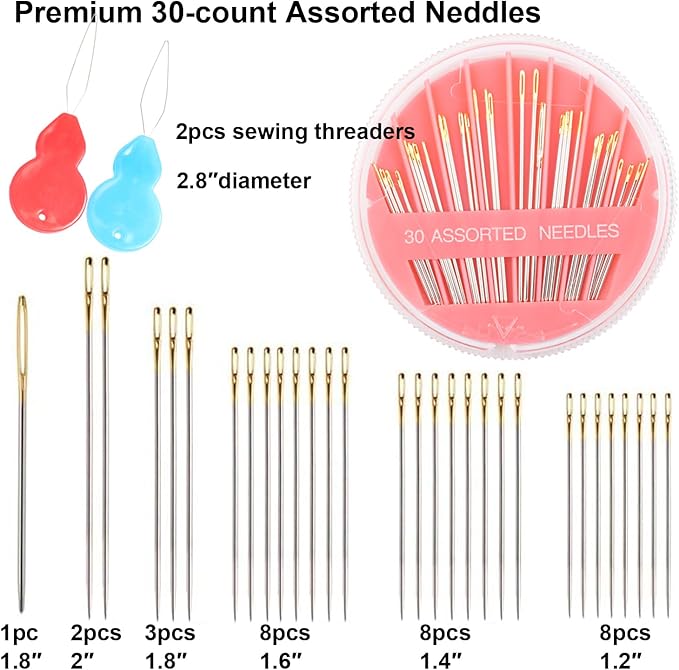 Eketirry 120pcs Premium Hand Sewing Needles，4 Pack 30-Count Assorted Needles for Sewing Repair, 6 Different Sizes Sewing Needles with 2 Threaders (Pink& Black,2)