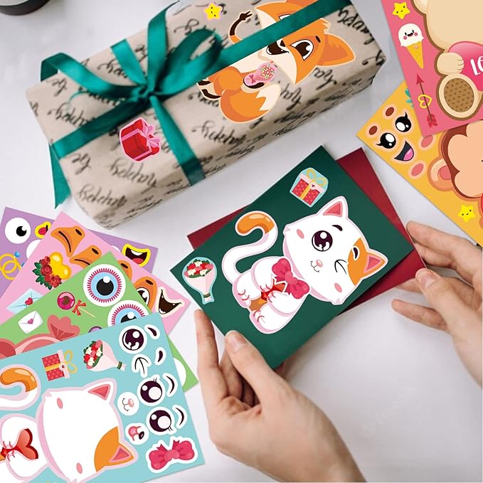 32 Sheets Valentine Stickers for Kids, Valentine' s Day Make a Face Stickers, Make Your Own Valentine Stickers 8 Designs of Animal Little Angel Sticker, Valentines Crafts Love Heart Sticker