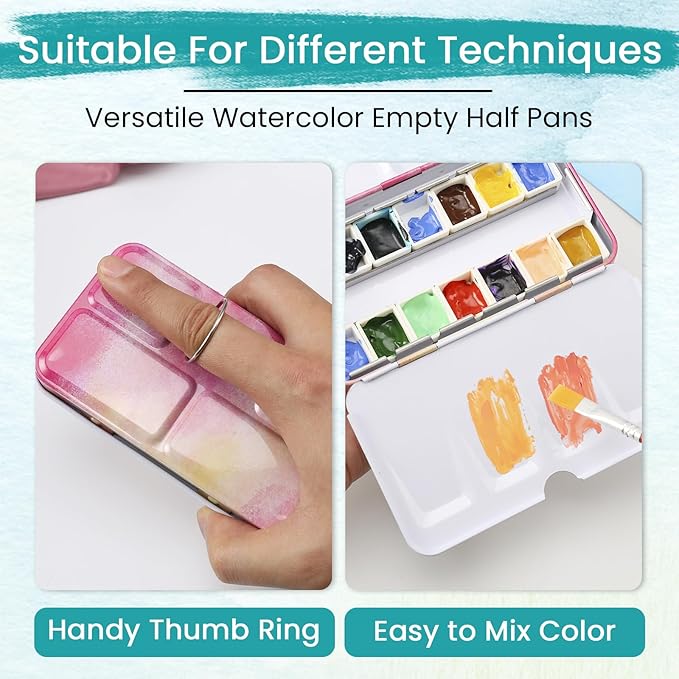 Pink Watercolor Tin Palette with 14 Empty Half Pans - Sturdy Travel Palette for Gouache, Watercolor, Acrylic Painting