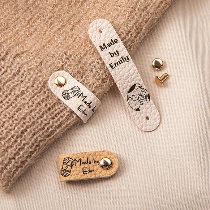 callie Personalized 10-100Pcs Leather Tags with Rivets - Custom Name & 22 Pattern, Made with Love Labels for Hats Beanies Scarves, Gifts for Knitting Sewing Crafting Lovers