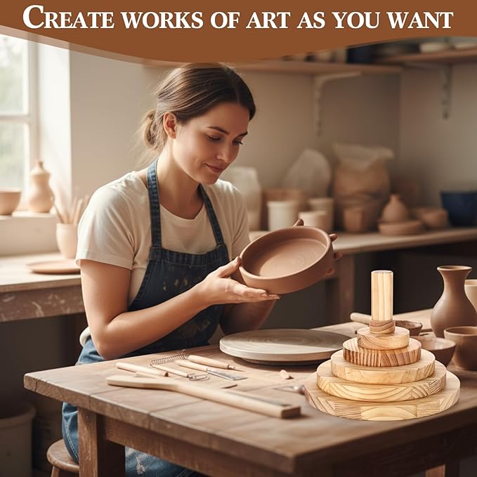 6 Pack Pottery Molds 2'' 4'' 6'' 8'' 10'' 12'' Thickness 1'' Plaster Molds Wood Pottery Tools with Handle for Ceramic Top Forms DIY Bowls Plate Dish Slump Press Art Making (Round)