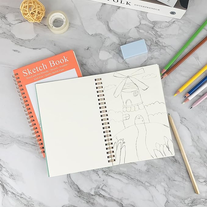 DSTELIN 7.5 x 5.1 Inch Mini Hardcover Sketchbook Set, 2-PC, Spiral Bound, 50 Acid-Free Drawing Sheets Each, Pink & Green Covers, Ideal for Beginners to Professionals