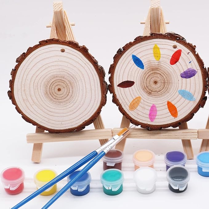 SENMUT Wood Slices 30 Pcs 3.1-3.6inch Natural Rounds Unfinished Wooden Circles Christmas Ornaments for Crafts Wood Kit Predrilled with Hole Wood Coasters, Craft Supplies for DIY and Painting