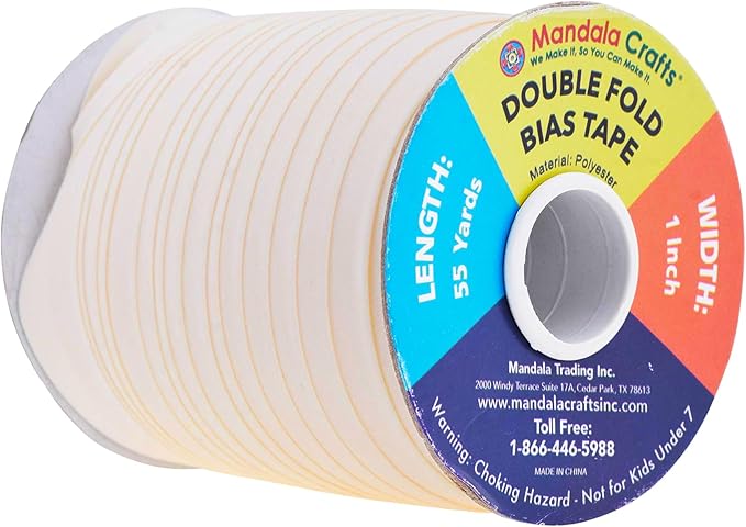 Mandala Crafts 55 Yards 1 Inch Cream Double Fold Bias Tape for Sewing - Bias Binding Tape for Quilting Binding, Hemming, Seam, and Fabric Piping