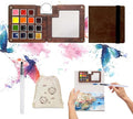 Mini Paint Palette Travel Kit - Mini Travel Watercolor Palette Set, Pocket Artist Water Color Travel Set with Colours, Watercolor Book, Binder Clips, Pens,Wooden Paint Box for Painters Artists Student