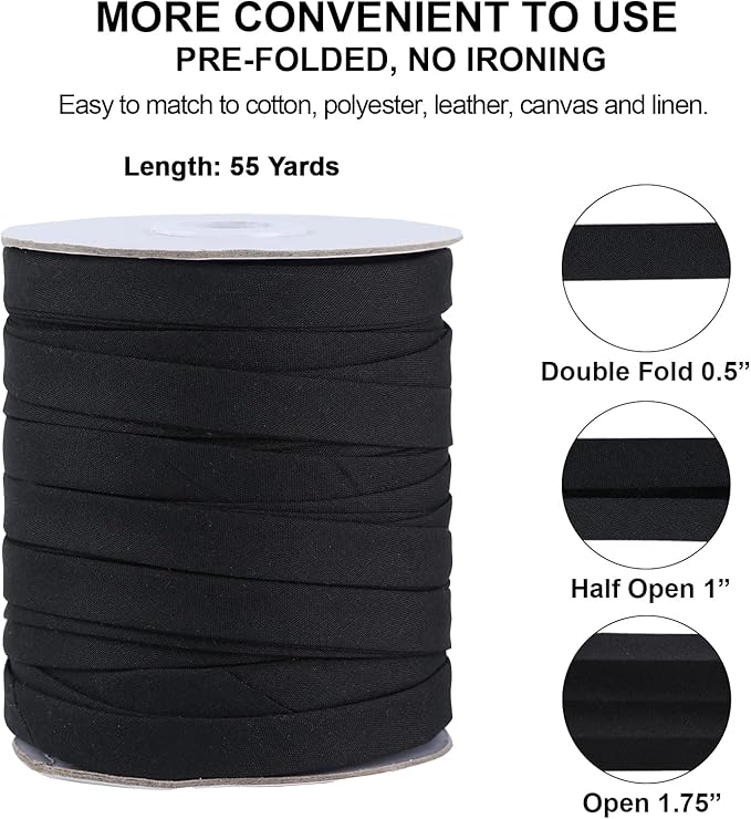 Bias Tape Double Fold 1/2 inch, Double Fold Bias Binding Tape 55 Yards (Black) and 4 Pieces Sewing Fabric Chalks for Crafts, Sewing, Seaming, Hemming, Piping, Quilting.