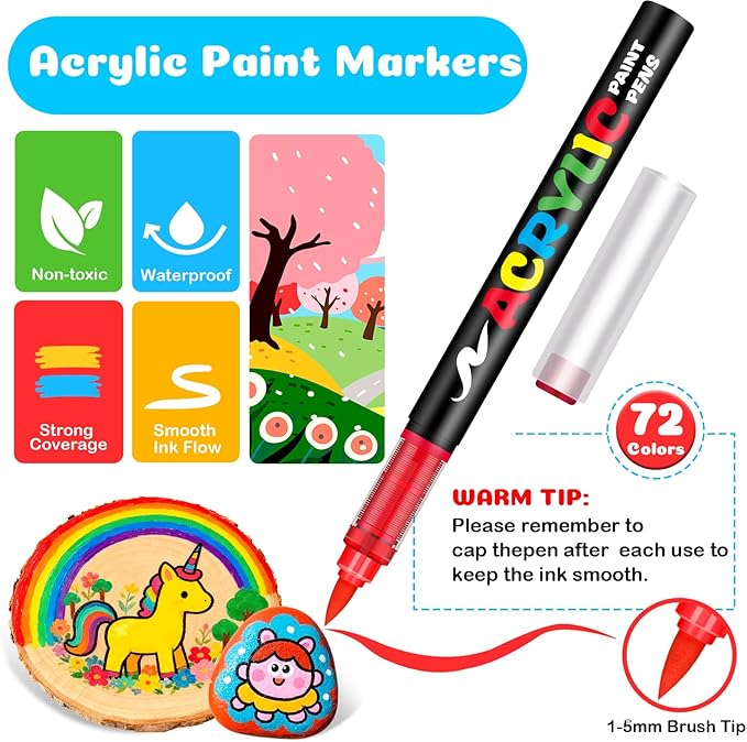 72 Colors Acrylic Paint Markers, Brush Tip Acrylic Paint Pens for Painting Rocks, Wood, Canvas, Glass, Fabric, Egg, Stone and DIY Crafts for Adults, Kids Art Supplies