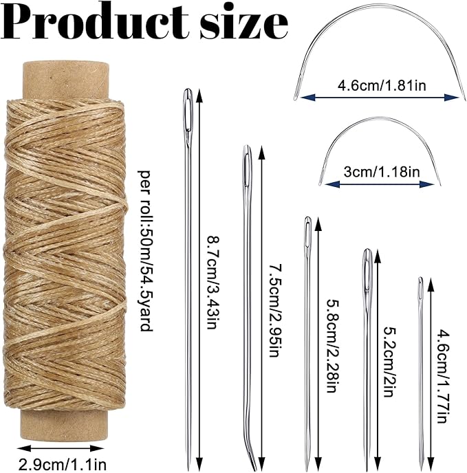 110Yards Waxed Thread with 7 Pcs Leather Needles for Hand Sewing 150D Flat Sewing Waxed Thread Leather Repair Needles for Sewing Upholstery Leather Canvas Bags Sofa Furniture（Black+Khaki）