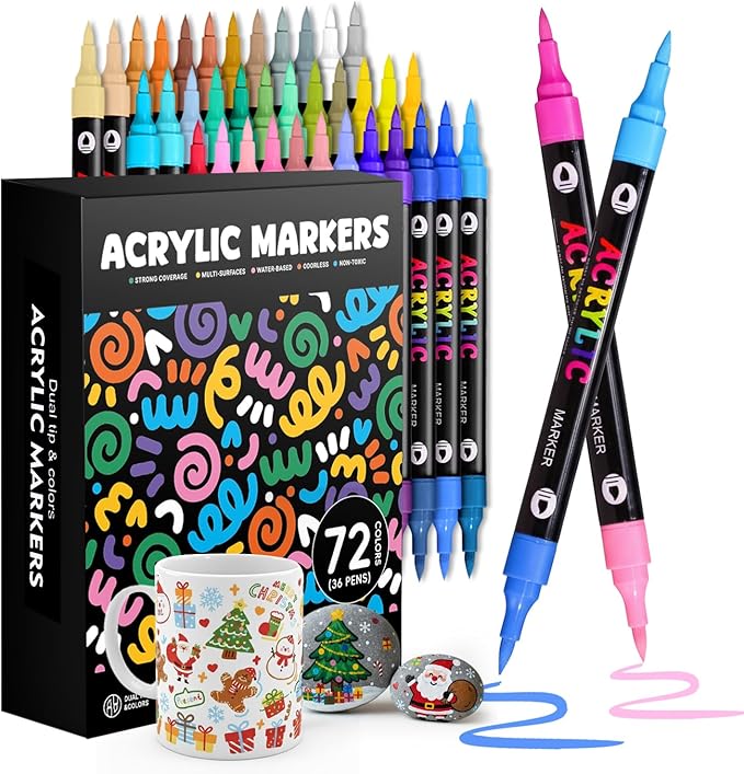 WINSONS 72 Colors Acrylic Paint Marker, Dual Tip and Dual Colors Acrylic Paint Pens for Stone, Wood, Canvas, Ceramic, Metal, Glass, Rock Painting, DIY Crafs Art Supplies (72 Colors)