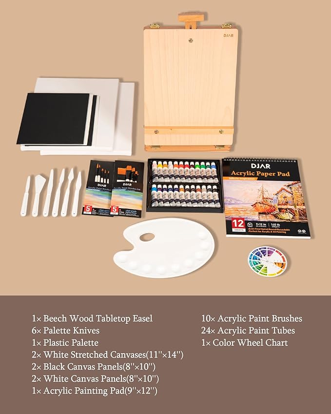 DJAR 49 pcs Acrylic Painting Set, Includes Desktop Easel, Acrylic Paint, Canvas, Sketchbook, Painting Pads, 24 Color Paint Kits for Adults, Artists, Beginners