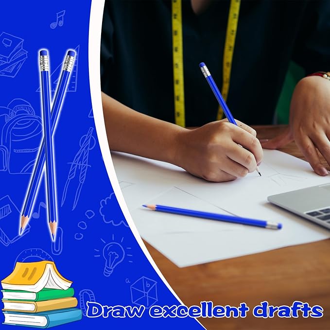 48 PCS Blue Checking Pencils Erasable Colored Pencils with Eraser Pre-Sharpened 2 HB for Checking, Grading, Tests & Office/School Supplies (Blue)